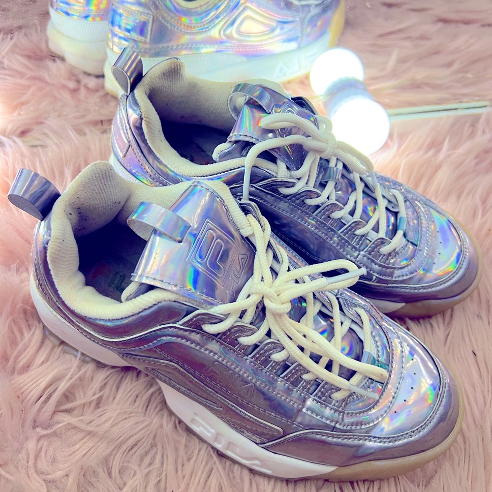 FILA DISRUPTOR II Holographic iridescent silver platform 8.5 39.5 Y2K cyber rave